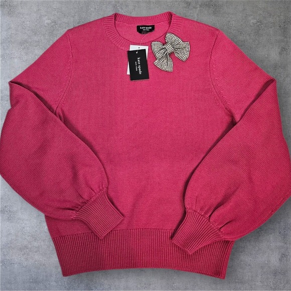NWT Kate Spade New York Women's Embellished Bow Sweater Hot Pink Medium H78 - Picture 1 of 11